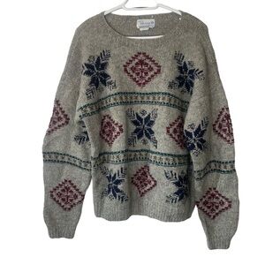 Deans of Scotland 100% Shetland Wool Grey Fair Isle Snowflake Oversized Sweater
